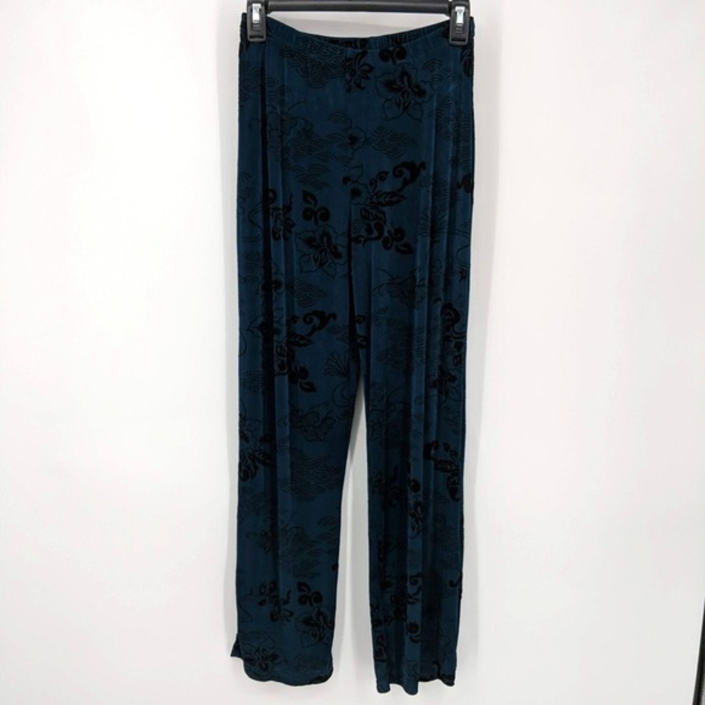 Citiknits Floral‎ Print Elastic Waist Wide Leg Pants Blue Black Women's Size XS